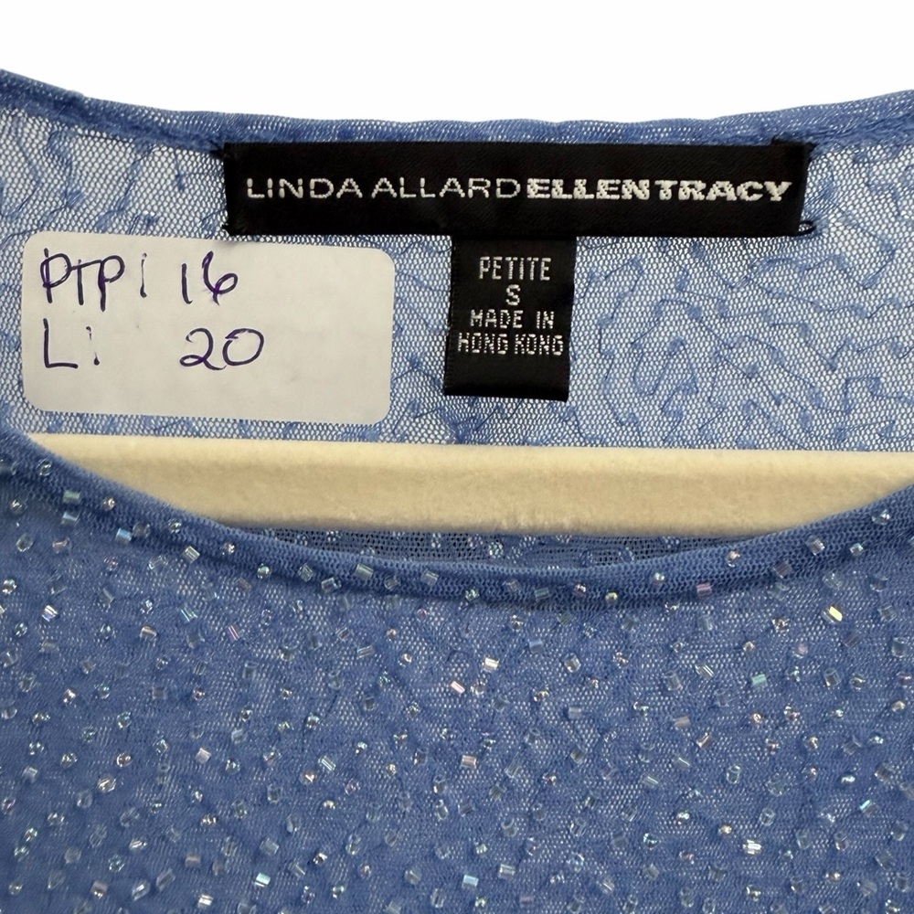 Beaded Linda Allard Ellen Tracy Blue Top Size Small Petite - Picture 4 of 6